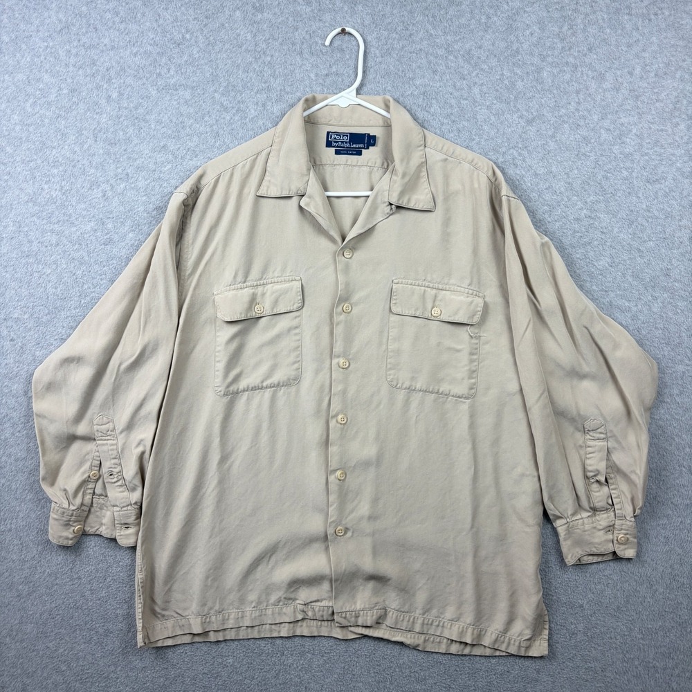 Vintage Polo Ralph Lauren Shirt Mens Large Tan Rayon Camp Loop Collar 3/4 Sleeve